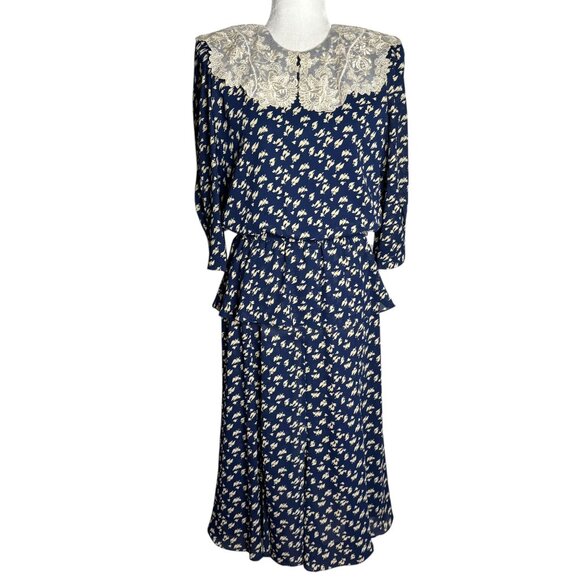 Vintage 80s Floral Midi Dress Medium Navy Blue Lace Collar 3/4 Sleeve Elastic - Picture 1 of 8